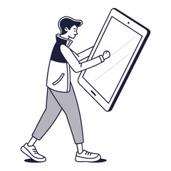 Young man holding giant tablet device illustration