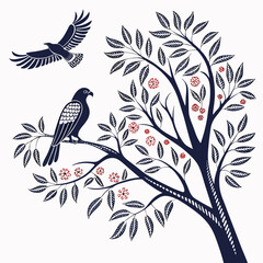 Elegant birds perched on a blooming tree branch