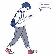 Young man walking using smartphone texting