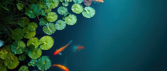 Serene Koi Pond with Lily Pads and Vibrant Fish Swimming in Tranquil Water Garden Concept of nature, zen, relaxation, and Japanese garden