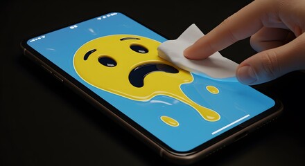 Cleaning Emoji on Phone: A hand wipes a digital illustration of an emoji on a mobile screen, highlighting the need for digital hygiene and safe usage of phone.
