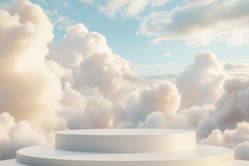 high resolution image of 3d empty podium with clouds backgrounds high detail 8k