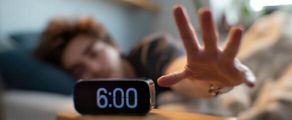 Naklejka premium The alarm clock signaling morning as a young person reaches to turn it off.
