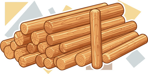 Stacked wooden dowels with rounded ends, featuring prominent wood grain and cartoonish design