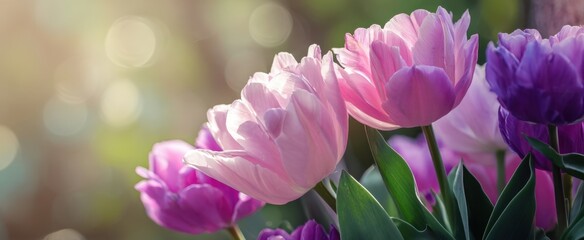 Obraz premium The vibrant tulips in a serene garden setting with blurred background.