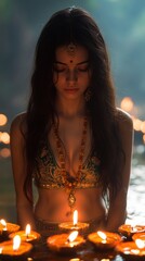 Indian Woman in Traditional Clothing with Candles Lit for a Festive Celebration