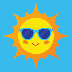 Happy cartoon sun with a smiling face and cool sunglasses, radiating fun summer heat and bright yellow sunshine