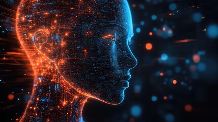 Futuristic  human profile with a digital circuit background. 