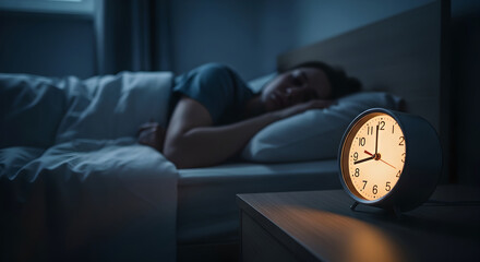 Peaceful Sleep: Woman Sleeping Soundly in Bed with an Illuminated Alarm Clock on the Nightstand