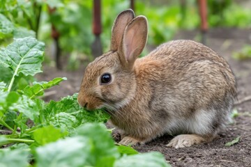 Fototapeta premium A brown rabbit eating green leaves in a garden, close-up view of the adorable animal.