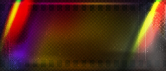 Old film strip leaking light rainbow rays overlay effect and noise texture, Scratched old film strip with grain and bokeh glare effect, Vector vintage background.