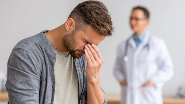 Man holds bridge of nose with eyes closed, doctor stands in background out of focus, showing concern. - Powered by Adobe