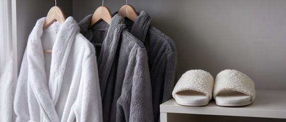 Cozy spa day concept with fluffy white slippers and soft bathrobes hanging in a closet Relaxation and comfort at home or hotel with selfcare and pampering