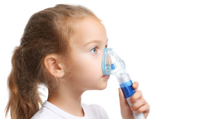 Caucasian female child is holding a blue and white plastic medical inhaler with an oxygen mask, treating respiratory illness, on a transparent background