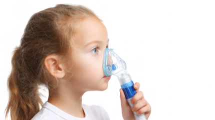 Caucasian female child is holding a blue and white plastic medical inhaler with an oxygen mask, treating respiratory illness, on a transparent background