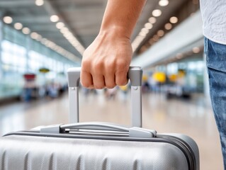 Close-up of a hand pulling a suitcase handle, a person is seen holding a luggage handle inside a bright airport terminal, ready to board a flight.