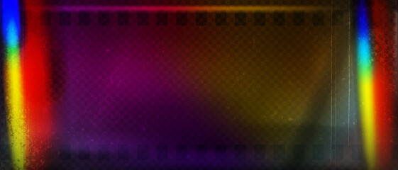 Old film strip leaking light rainbow rays overlay effect and noise texture, Scratched old film strip with grain and bokeh glare effect, Vector vintage background.