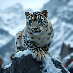 Obraz premium Himalayan Majesty: Ultra-Photorealistic Snow Leopard on Snowy Ledge with Icy Blue Eyes & Falling Snow - Cinematic 8K Wildlife Documentary Shot