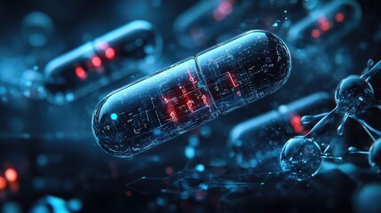 Futuristic capsules and molecular designs in a scientific background. 