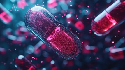 Futuristic capsules and molecular designs in a scientific background. 