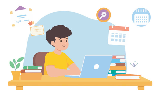 Modern flat vector of a happy student learning online on a laptop with calendars, books. Transparent background design, ideal for e-learning and digital learning.