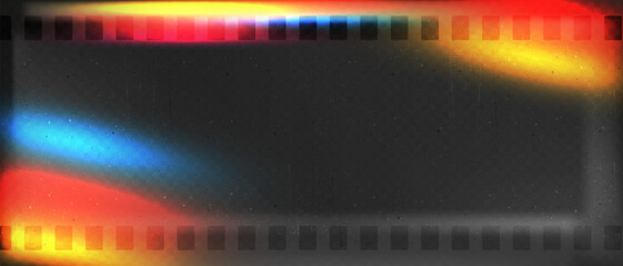 Old film strip leaking light rainbow rays overlay effect and noise texture, Scratched old film strip with grain and bokeh glare effect, Vector vintage background.