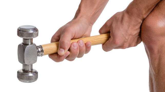 Doctor gripping a reflex hammer firmly, preparing to test patient reflexes. Isolated on a transparent background, ideal for use in medical and healthcare compositions