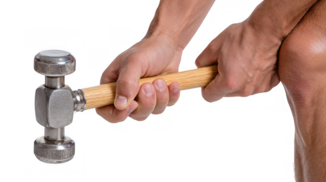 Doctor gripping a reflex hammer firmly, preparing to test patient reflexes. Isolated on a transparent background, ideal for use in medical and healthcare compositions