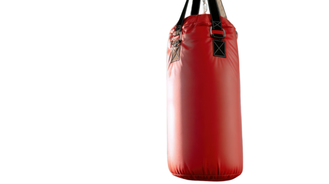 Red Punching Bag: The vibrant red punching bag is ready for training, suspended, creating a dynamic scene of boxing and combat sports. Suitable for fitness, sport, and active lifestyle promotions.