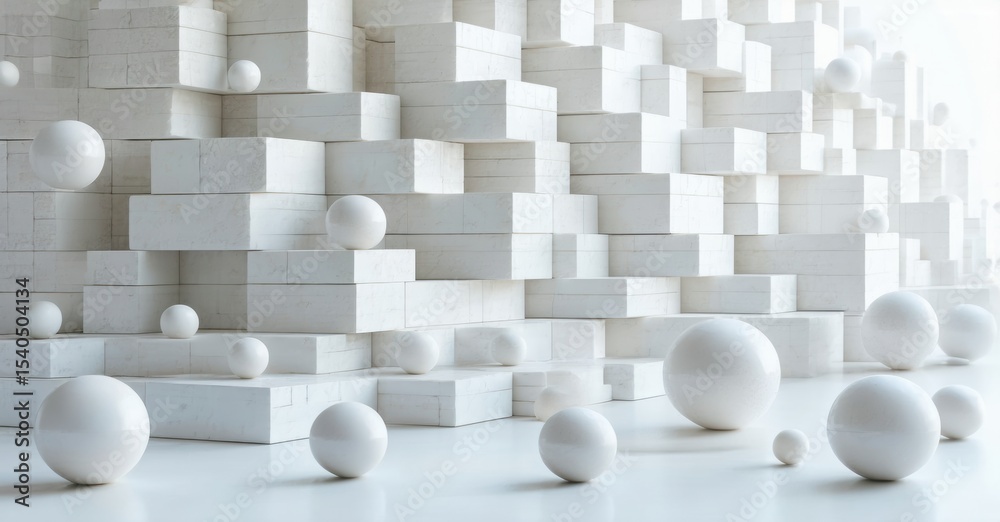 Poster minimalist composition. white spheres rest among stacked rectangular blocks. clean lines, bright spa