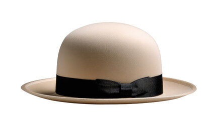 Fototapeta premium Elegant Millinery: A timeless bowler hat, crafted with refined detail and adorned with a sleek black ribbon, rests gracefully. This piece epitomizes classic style and sophistication.