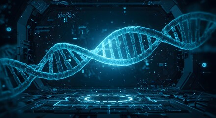 3D render of a glowing DNA double helix surrounded by digital interface elements blue tones, futuristic theme 1