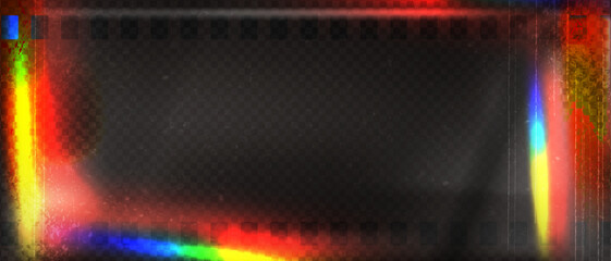 Old film strip leaking light rainbow rays overlay effect and noise texture, Scratched old film strip with grain and bokeh glare effect, Vector vintage background.