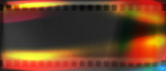 Old film strip leaking light rainbow rays overlay effect and noise texture, Scratched old film strip with grain and bokeh glare effect, Vector vintage background.