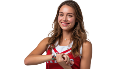 Cheerful Cheerleader: A spirited cheerleader, her eyes twinkling with delight, stands with a confident, beaming expression. The portrait reveals her vibrant smile and energetic pose.