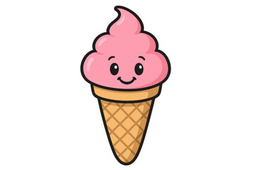 Cartoon illustration of a happy pink ice cream cone, perfect for summer projects, with transparent background