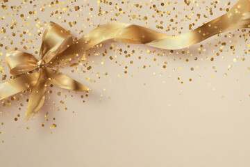 Golden Luxury Abstract Background with Ribbon and Confetti. Invitation Card.


