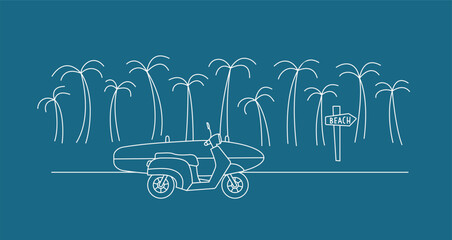 Line tropical landscape with palm trees, motorbike with surfboard vector illustr. Island surf vibe t shirt, merch design, template