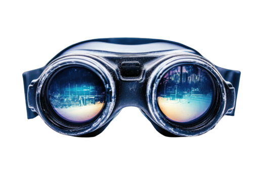 Vintage binoculars reflecting a city skyline, a futuristic vision - Powered by Adobe