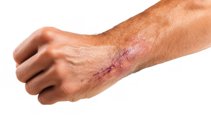 Detailed close up highlighting a healing abrasion on a man's arm, emphasizing the textures and colors of the wound against a transparent background for medical use