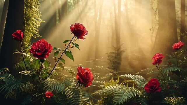 Red roses in a sunlit misty forest