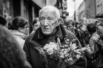 an old man carrying a bouquet of flowers in the middle of the busy and story-filled crowd of new york city