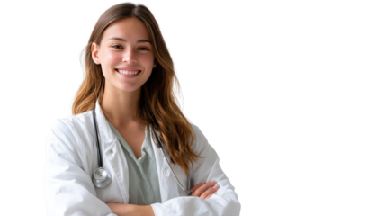 Smiling Healer: A friendly medical professional in a pristine white coat and stethoscope, radiating warmth, compassion and care, ready to provide health and guidance.