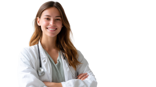 Smiling Healer: A friendly medical professional in a pristine white coat and stethoscope, radiating warmth, compassion and care, ready to provide health and guidance.