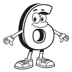 Obraz premium Smiling number six cartoon character stands happily in black and white outline