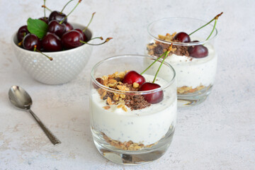 Cherry and Yogurt Parfaits with Granola and chocolate in drinking glass