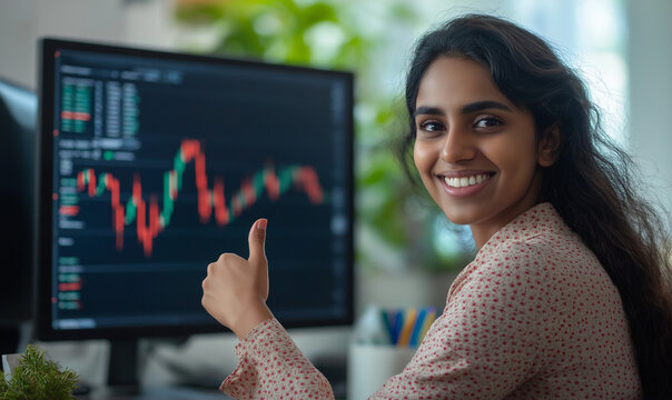 Young indian woman using digital tablet for a day trading