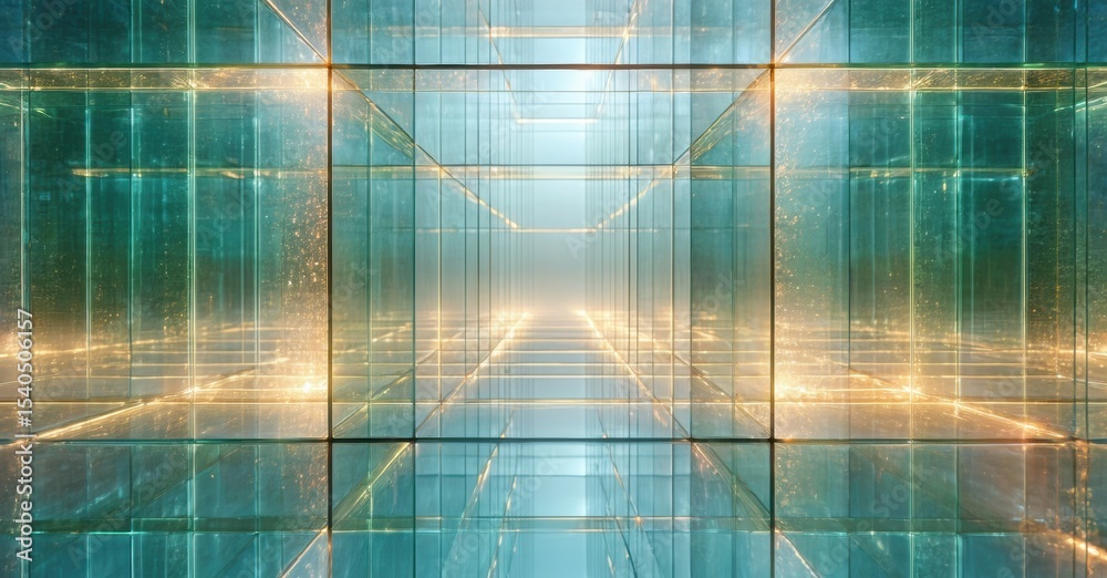 Poster infinite corridor constructed from reflective glass panels. golden light emanates, creating futurist