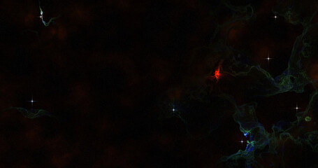 A dark cosmic scene with nebulae and twinkling stars, evoking a sense of mystery and wonder.