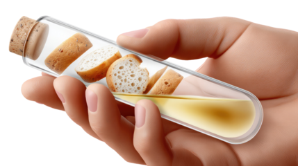 Bread in Glass Vial: A person carefully holds a transparent glass vial containing bread inside. The image subtly hints at the concept of food science or the process of bread production.